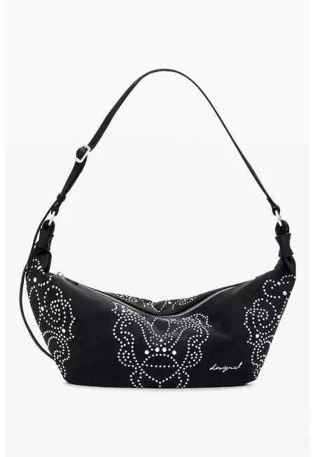 Чанта през рамо от еко кожа с десен - Черен