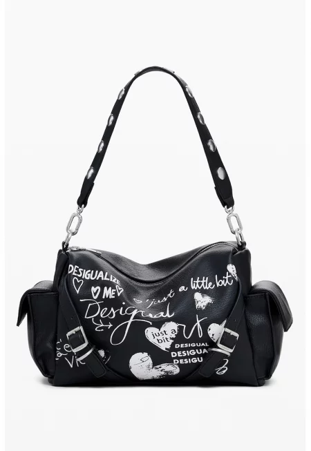 Чанта през рамо от еко кожа с джобове - Бял/Черен