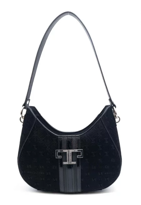 Чанта за рамо от еко кожа с принт - Черен