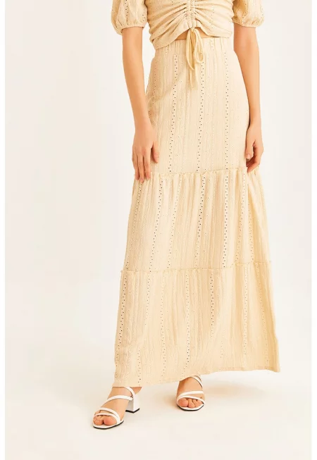 Дълга перфорирана пола с дипли - Бледожълт