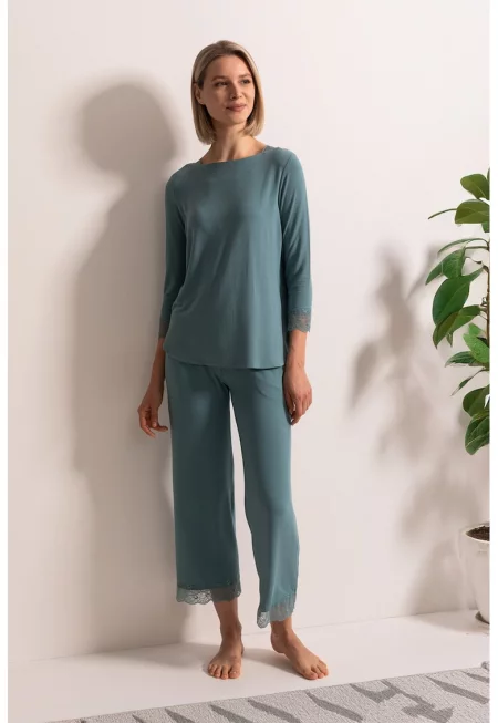 Дълга пижама Alma с модал и дантела - Персийско зелено