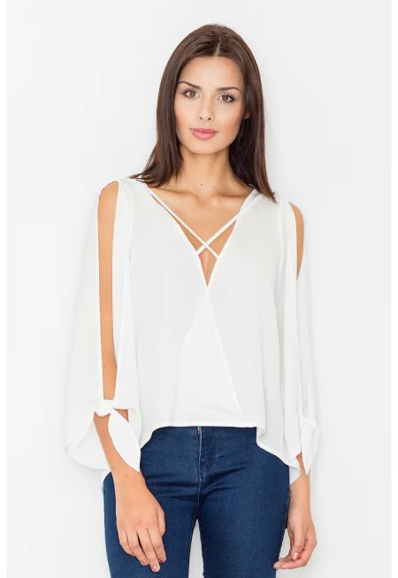Дамска блуза -  Полиестер/Еластан/Вискоза - С открити рамене - Бяла