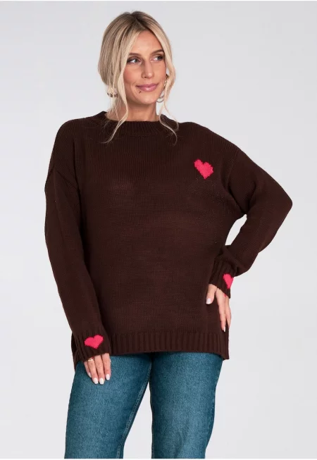 Дамски пуловер -  M1240 - плътно плетен - кафяв