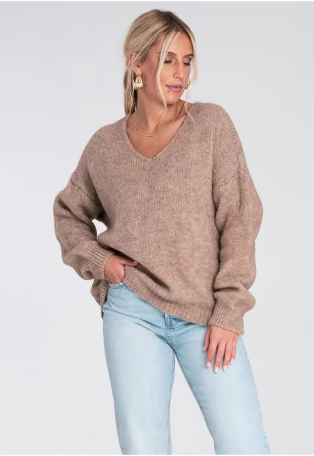 Дамски пуловер -  овърсайз - V-образно деколте - бежов - синтетична плетка