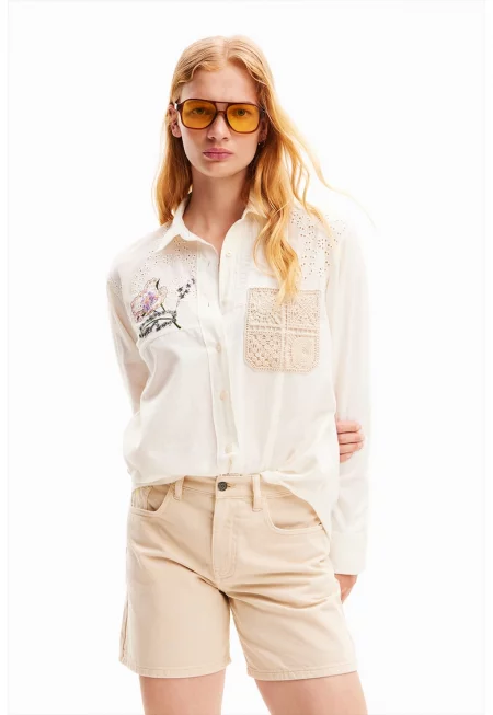 Дънков къс панталон със средна талия - Светло бежово