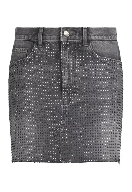 Дънкова къса пола с декоративни камъни - Сив