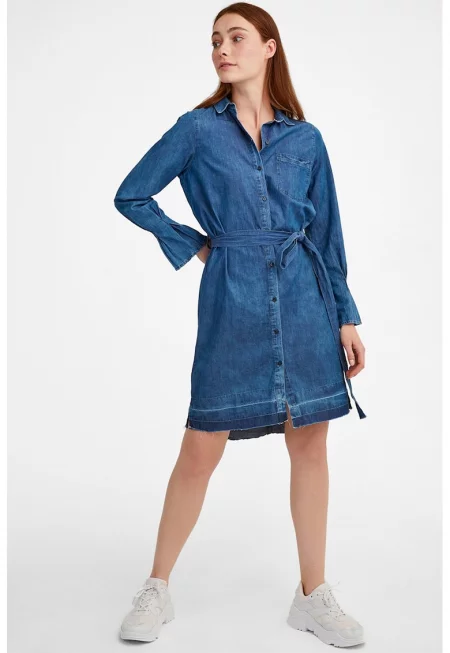 Дънкова рокля-риза с връзка на талията