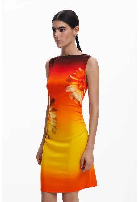 Десенирана рокля - Жълт/Мандарина