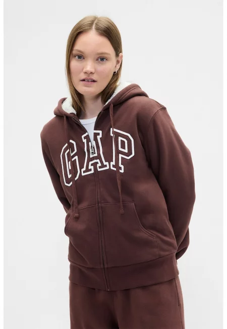 Худи с лого и плюшена вата - Бял/Тъмнокафяв