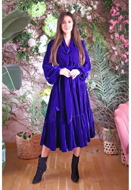 Кадифена рокля Barletta с волани - Кралско Синьо