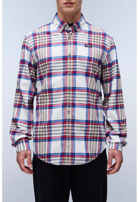 Карирана памучна риа с копчета - Червен/Тюркоаз/Мръснобял