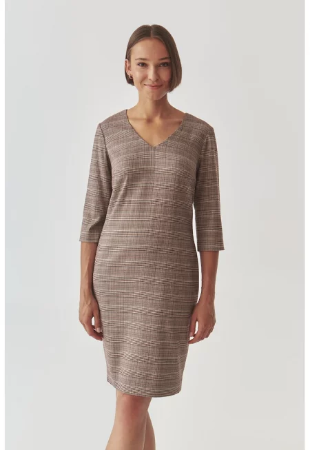Карирана рокля с шпиц - Светло кафяво