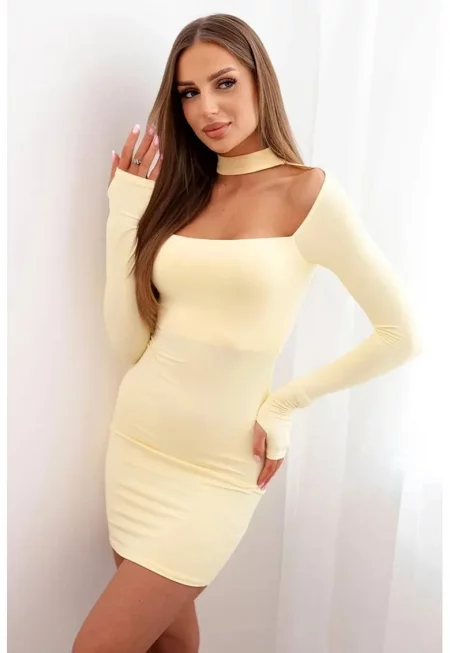 Къса рокля с дълги ръкави и квадратно деколте - Един размер