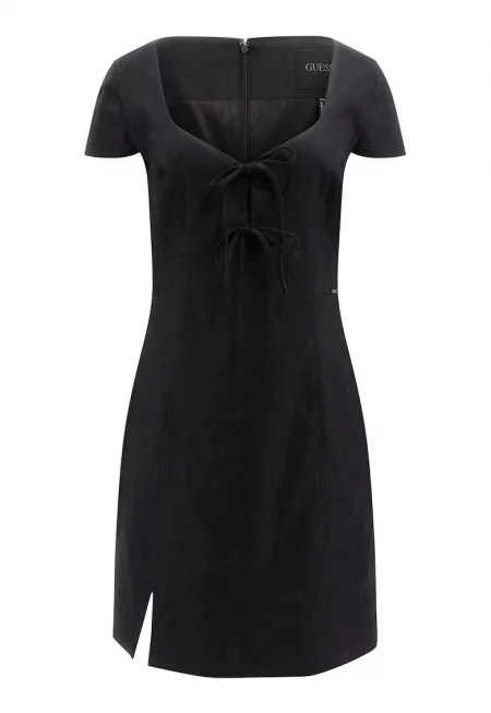 Къса вталена рокля с лен - Черен