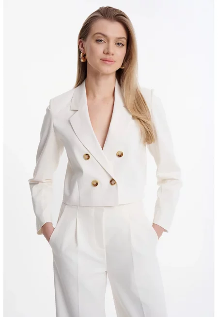 Късо двуредно сако с раздвоен ревер - Бял