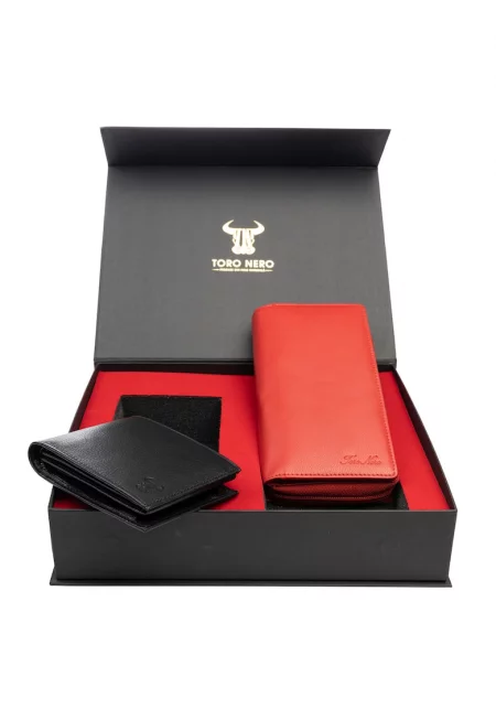 Комплект дамски портфейл и мъжки портфейл - естествена кожа - червен - Gina-Muselles