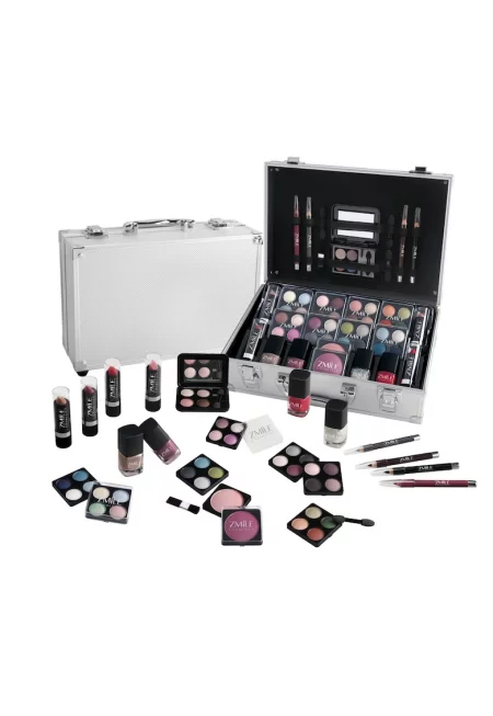 Комплект за грим  BriConti - 51 броя - Сенки за очи - Червило - Руж - Лак за нокти - Молив за устни - Молив за очи + Сребърна алуминиева чанта