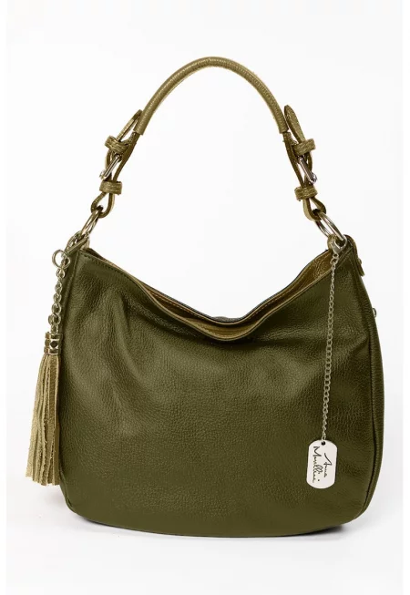 Кожена чанта Хобо Fiorella с джобове с цип - Маслинено зелено