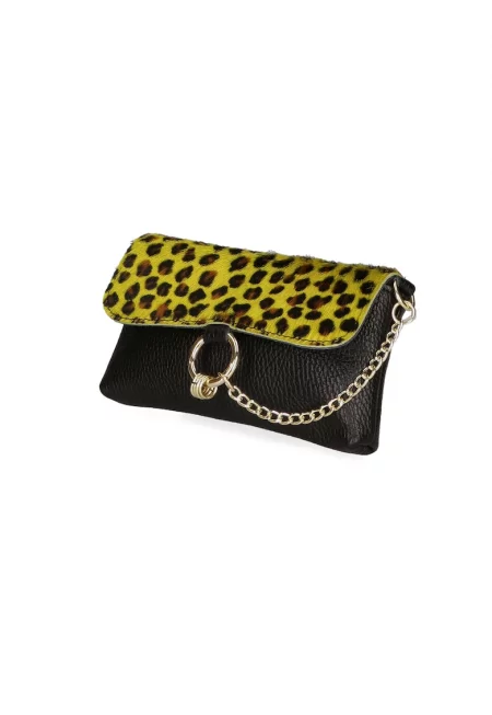 Кожена чанта през рамо с регулираща се презрамка - Кафяв/Жълт