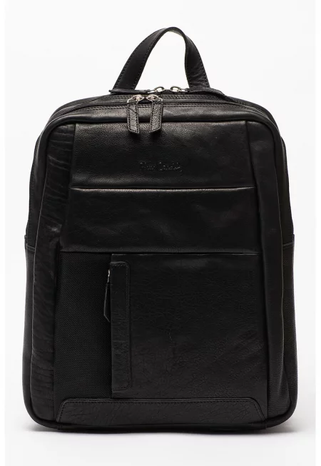 Кожена раница с множество джобове - Черен