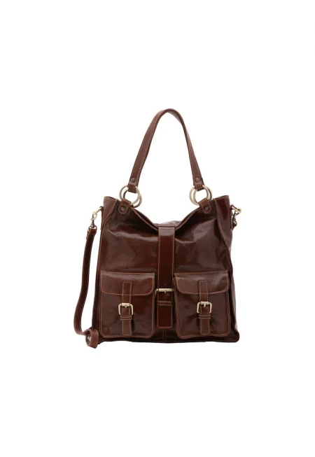 Кожена шопинг чанта с каишки с тока - Кафяв