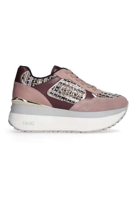 Кожени спортни обувки с равна платформа и текстил - Тъмновиолетов/Прашно розово