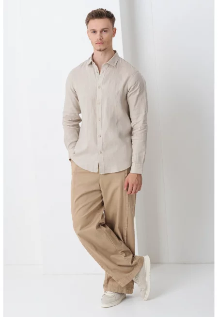 Ленена риза със стандартна кройка - Светло кафяво