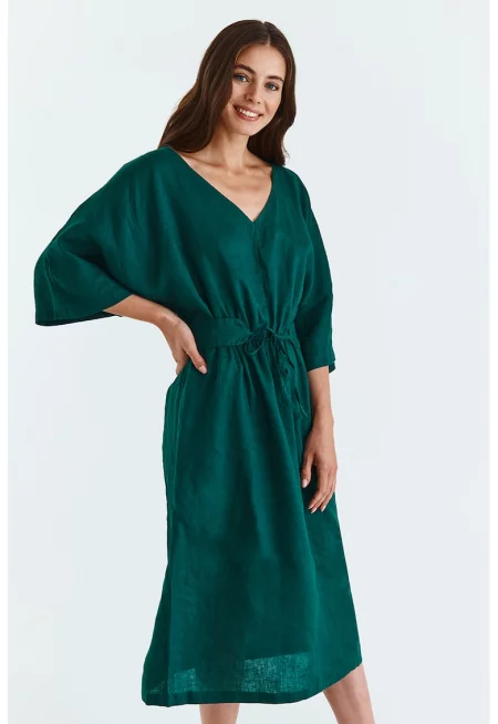 Ленена рокля Omari с шпиц деколте