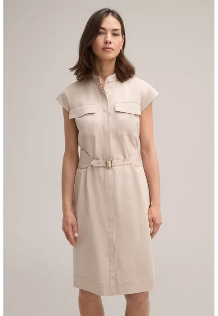 Миди рокля - с колан на талията - Бежов
