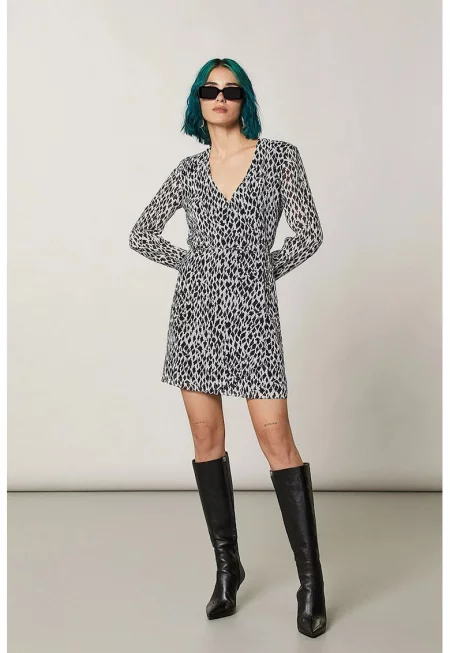 Мини рокля с V-образно деколте и странично пристягане с връзки - Бял