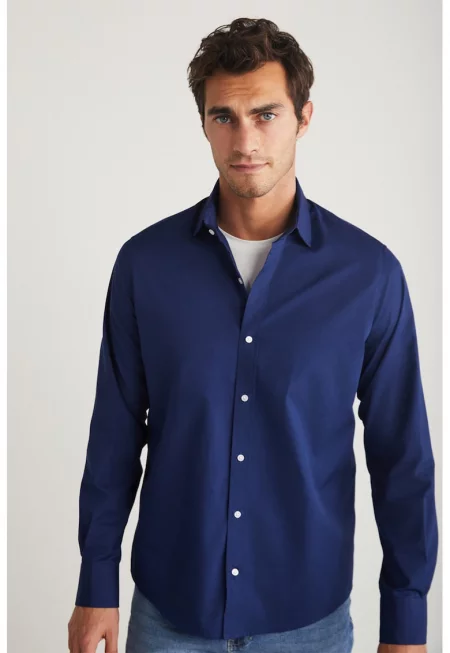 Памучна риза с дълги ръкави - Тъмносин