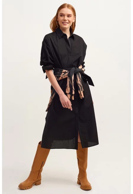 Памучна рокля-риза - Черен