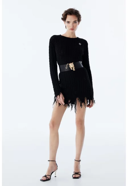 Плетена вталена къса рокля с незавършен подгъв