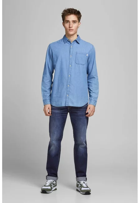 Прави дънки със захабен ефект - Мръснобял/Тъмносин