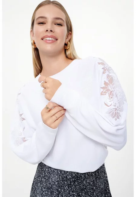 Пуловер с овално деколте и градиента - Бял