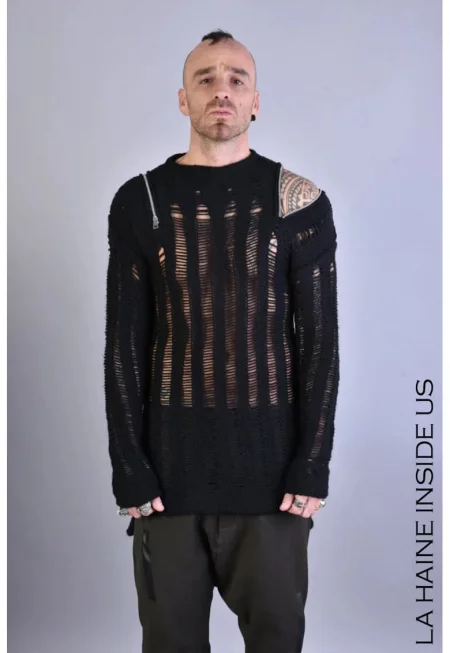 Пуловер с цип на раменете и прозрачни детайли - Черен