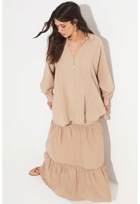 Разкроена дълга пола - Светло кафяво