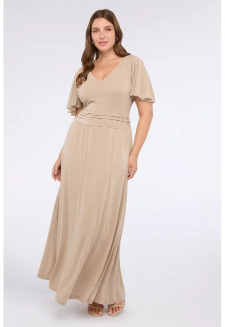 Разкроена рокля с лурекс - Светло бежово