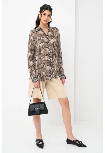 Риза с принт и паднали ръкави - Черен/Сиво-кафяв