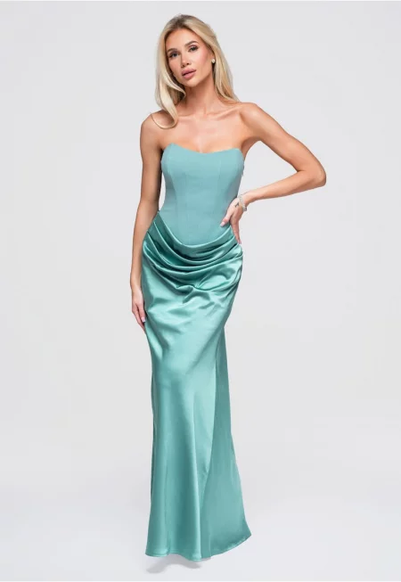 Rochie maxi de seară cu bustieră - fără rami - satinată - ajustată - Тюркоаз