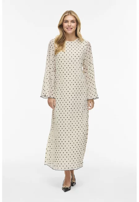 Рокля на точки с овално деколте - Черен/Крем