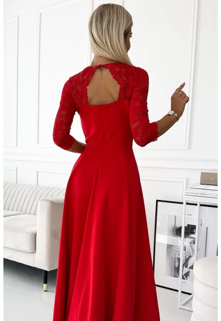 Рокля с дантелена горна част и цепка на крака - Дълга - елегантна - червена -