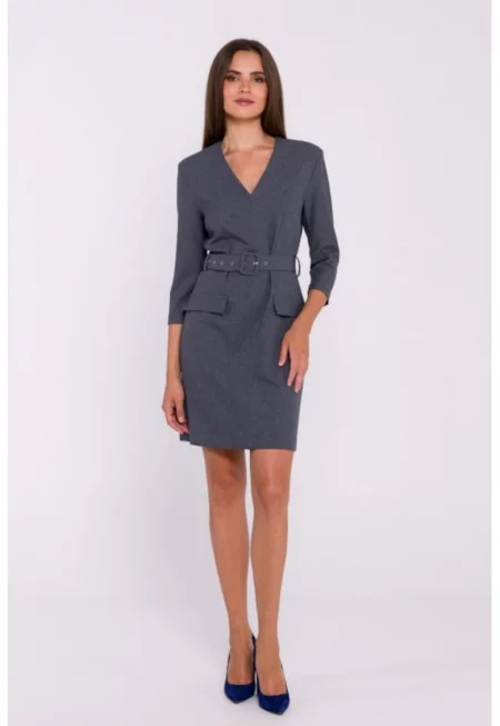 Рокля с колан на талията  Сив