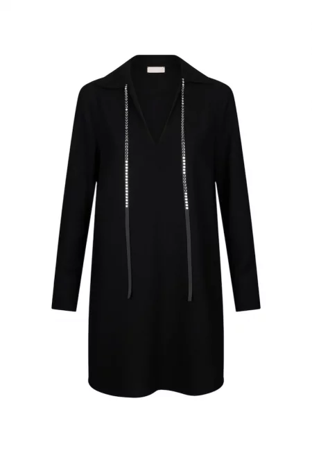 Рокля с шпиц и декоративни камъни - Черен