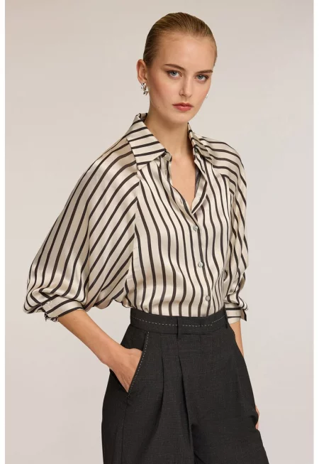 Сатинирана блуза с дълги ръкави - Черен/Крем