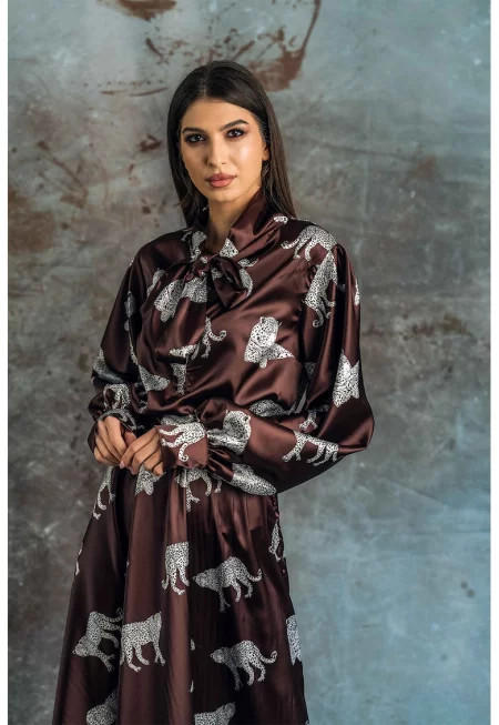 Сатинирана рокля с панделка - Бял/Тъмнокафяв