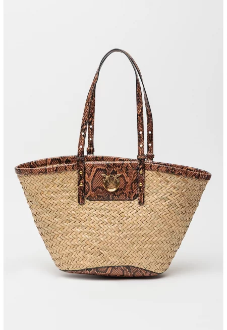 Шопинг чанта с кожа - Черен/Кафяв/Бежов