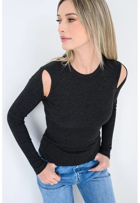 Слим блуза с овално деколте - Черен меланж