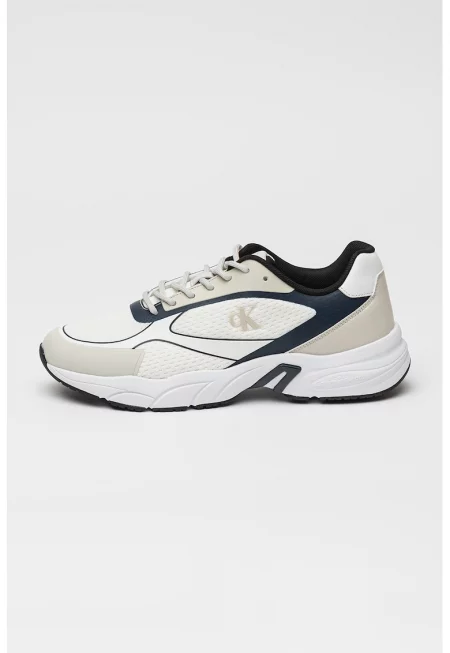 Спортни обувки под глезена с лого - Бял/Ултрамарин синьо/Сиво-бежов