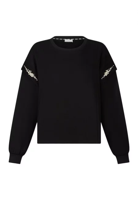Суитшърт с апликирани перли - Черен